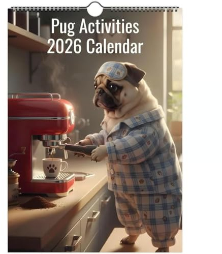 Calendrier 2026 avec motif carlin, activités quotidiennes, calendrier amusant pour les amateurs de carlin, les mamans et les papas de chiens