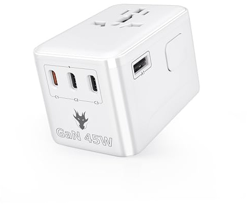 Adattatore da viaggio universale GaN 45 W, ricarica rapida PD 3.0, 3 porte USB-C + 1 USB-A, compatibile prese EU/UK/US/AU (tipi E/F/G/B/I), adattatore presa per vacanze e affari, certificato CE