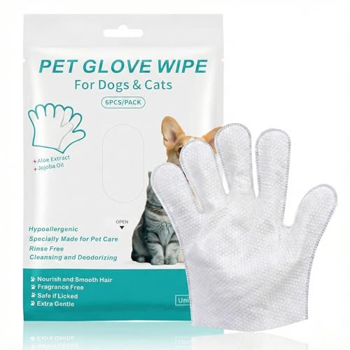 Hopzab 6 PCS Pet Cleaning Gloves, Waterless Wash Pets Glove Wipe,Deodorizing Nourish Fur Gentle Cleaningand Eliminate Odors, for Daily Care and Traveling