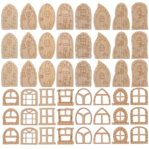NESTINGHO Mini Porta delle Fate e Finestre 64 Pezzi in Legno Naturale, Decorazioni Giardino Esterno, Accessori per Casetta Legno, Giocattoli di Finzione per Ragazzo Ragazza