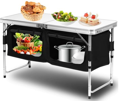 Fogmiea Campingküche Campingschrank Klappbar mit Aluminiumgestell und Staufächer, Küchenbox, Zeltschrank, Outdoor Camping Küche, Küchenschrank, Reiseküche für Camping, Gartenparty, Picknick