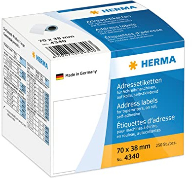 HERMA 4340 Adressetiketten für Schreibmaschinen auf Rolle, 70 x 38 mm, 250 Stück, selbstklebend, matt, blanko Papier Adressaufkleber Klebeetiketten Aufkleber, weiß