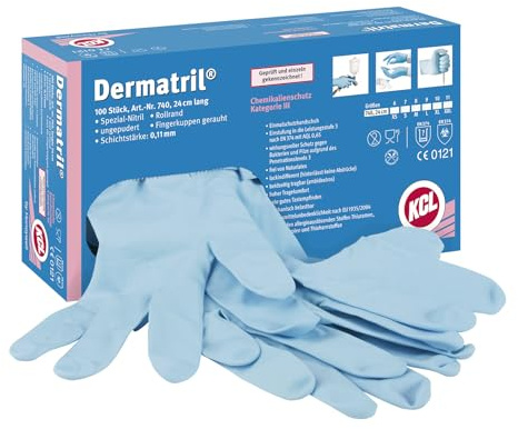 Honeywell KCL Dermatril® 740 Einweghandschuhe für Beidhänder, Nitril, wasserdicht, puderfrei, geeignet für die Lebensmittel-/Pharmaindustrie, Blau, Größe 8, 074008081C (Schachtel mit 100 Stück)