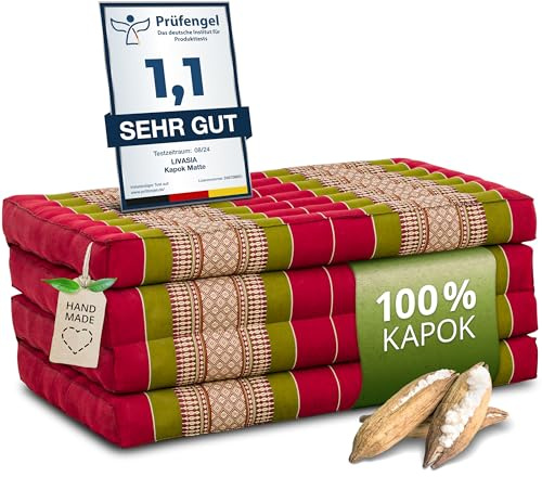 livasia Nachhaltige Klappmatratze aus Kapok - 200x80x8cm - Gästematratze, Faltbare Matratze für Van, ökologische Yogamatte, klappbares Gästebett, Liege für Garten und Balkon (Rot/Grün)