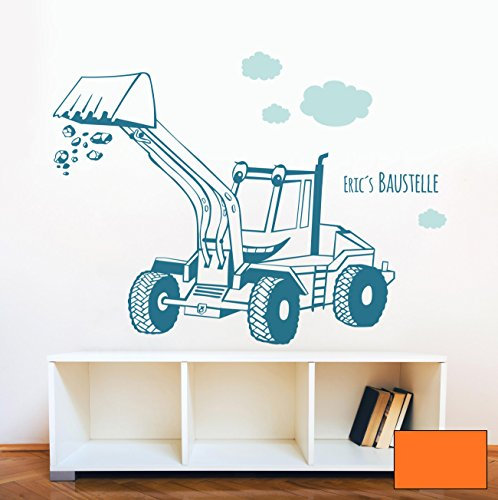 Wandtattoo Wandaufkleber Auto Bagger Baustelle Baustellenfahrzeug mit Wunschnamen zweifarbig M1635 - ausgewählte Farbe: *Orange* - ausgewählte Größe: *M - 60cm breit x 56cm hoch*