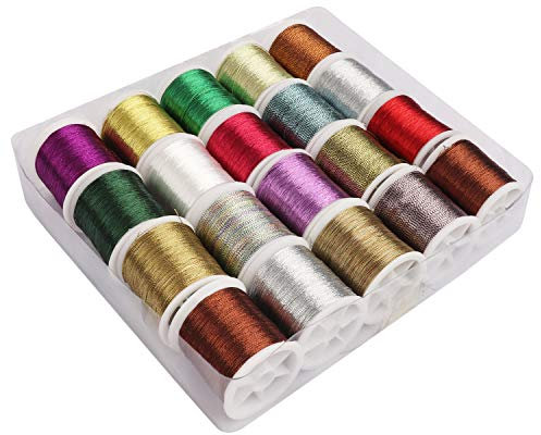 Kurtzy 20 Set Metallicfarbenes Polyester Stickgarn für Stickmaschine – 40 m Sortiertes Glitzer Maschinen Stickgarn mit Spule – Nähgarn Set für Nähmaschine, Freundschaftsbänder, Kreuzstich & Basteln