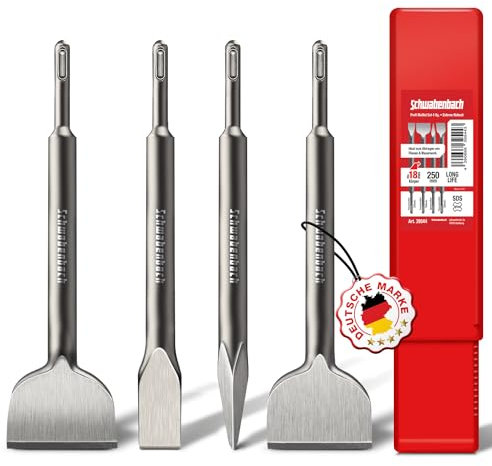 SCHWABENBACH ® SDS PLUS Meißel Set - 4tlg. 25mm + 50mm + 50mm (Abgewinkelt) + Spitzmeißel - EXTREM ROBUST- Meissel kompatibel mit Bosch Hilti Bohrhammer - Premium Fliesenmeissel (kein SDS MAX)