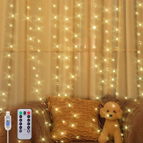 195 LED Curtain String Lights,6.5 x 5 ft Battery Operated USB Powered light with 8 Modes Dimmable Timer,Copper Tapestry Twinkle Fairy Lights for Christmas Bedroom Backdrop Wedding Indoor Outdoor Decor