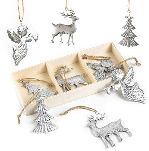 9 Weihnachtsanhänger Silber 7 cm – Baum, Hirsch & Engel aus Metall – Deko im Shabby Chic als Baumbehang zu Weihnachten – Logbuch-Verlag