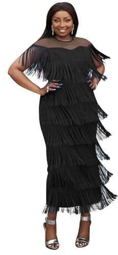 AOMEI Women's Black Mesh See Through Crewneck Patchwork Tassel Tiered Fringe Long Dress (L)