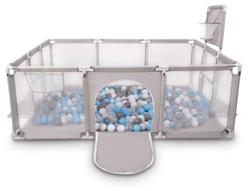 Selonis Laufstall Baby Großer Spielplatz Mit 100 Bälle Bälle Laufgitter Für Kinder, Grau: Grau/Weiß/Transparent/Babyblue
