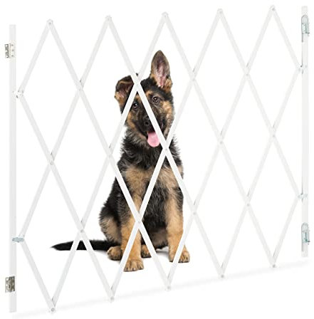 Relaxdays Hundeabsperrgitter, ausziehbar bis 130 cm, 87,5-100 cm hoch, Bambus, Hunde Schutzgitter für Treppe & Tür, weiß