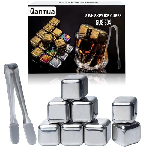 Qanmua 8er Edelstahl Eiswürfel Wiederverwendbar, Edelstahl Wiederverwendbar Whisky Steine Set Schnell Kühltechnologie, lWhisky Steine für Kühlen von Whiskey oder Wein Cocktail Barzubehör Silber