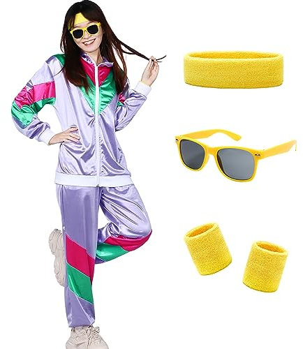 Alaiyaky 80er 90er Jahre Outfit Herren Damen, 80er Trainingsanzug mit Jacke Hose Schweißbänder Sonnenbrille, 90er 80er Jahre Kleidung Bad Taste Outfit für Karneval Halloween Paare (Lila, XL)