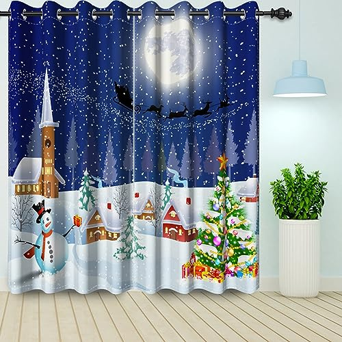 Bovlleetd Weihnachts-Wintervorhänge 117x183cm 2 STK – Schneemann, Tannenbaum, Blauer Sternenhimmel, Wärmedämmend, Verdunkelnd, Stylische Festtagsdeko, Partytauglich