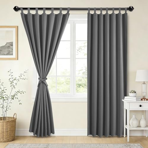 XWZO Verdunklungsvorhänge Schlaufenschal 2er Set Schlaufen Gardinen Tab Top Blickdichte Vorhänge mit Raffhalter für Schlafzimmer,Wonhzimmer,Büro,Grau,H260cm x B140cm,2Stücke(W55 X L102)