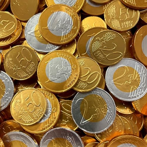 Piezas de Chocolate 100 pcs | Piezas de Chocolate con Leche diámetro 28mm | Cortes de 1 euro, 50, 20, 10 céntimos | Embalaje hoja de oro