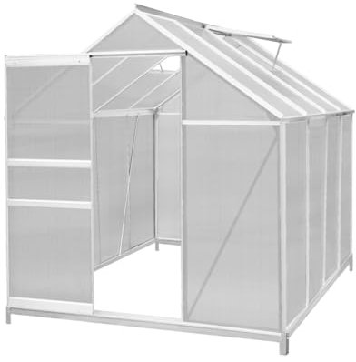 Greenhouse 6 x 8ft Aluminium Polycarbonate Steel Base Silver Weather Resistant Frame Support Bars Interchangeable Sliding Door 2 Roof Window Vents Walk In Gutter FREE W Clips