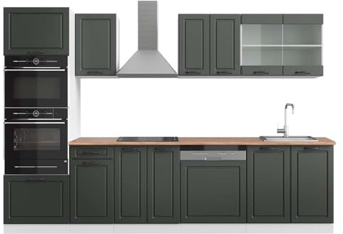 Vicco Küchenzeile R-Line, Anthrazit Landhaus, 300 cm | 8 Module · Höhenverstellbare Füße · AP Eiche inkl. · MDF-Fronten · Mit Backofen-/Mikrowellenschrank · Frei kombinierbar