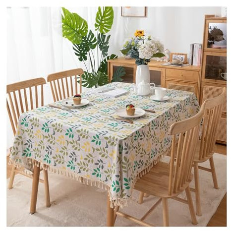 BCughia Tischdecke 140x250 Rechteckig, Partytischdecke Wasserfest Polyester Baumwolle Blätter Gedruckt mit Quasten Tischdecke für Küchentisch, Bunt