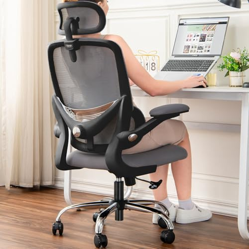 TONFARY Silla Ergonómica para Oficina, Silla de Escritorio Respaldo Alto de Malla, Soporte Lumbar Ajustable, Reposabrazos Abatible, Reposacabezas Desmontable, Silla Giratoria para Juegos, 150 KG