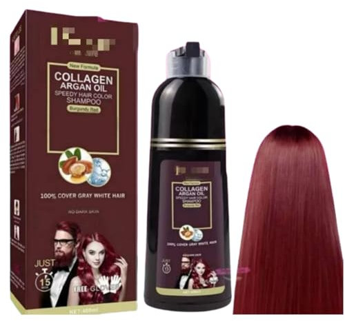 Champú para Cabello Tinte ROJO Instantáneo - Colageno y Aceite de Argán - Sin Amoniaco - 400ML - Para Cubrir Canas 100%- Tinte Rojo Vino Tinto