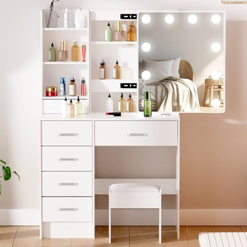 LIANWANG Toeletta Trucco con Sgabello e Luci, Luminosità Regolabile e 3 Temperature di Colore, Tavolo da Trucco con Specchio, 6 Cassetti, Bianco, 36 x 80 x 131 cm