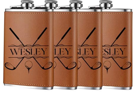 Petaca personalizada para padrinos de boda, petaca personalizada de 9 onzas para hombres, petaca de acero inoxidable, frasco grabado, frasco de cuero sintético marrón, recuerdo de boda (4 piezas)