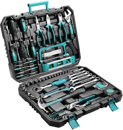 TLGREEN Kit d'outils de base de 79 pièces avec boîte à outils, poignée à cliquet, poignée de tournevis, clé réglable, kit d'outils pour voiture, moto, vélo, dortoir, maison