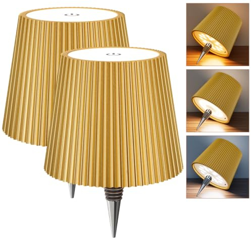 Nulmvic 2 Pezzi Lampada per Bottiglia LED Ricaricabile - Lampada da Tavolo | Senza Fili Dimmerabile 3 Colori - IP54 Impermeabile Comando a Tocco per Interno Esterno Famiglia Ristorante Bar (Oro)