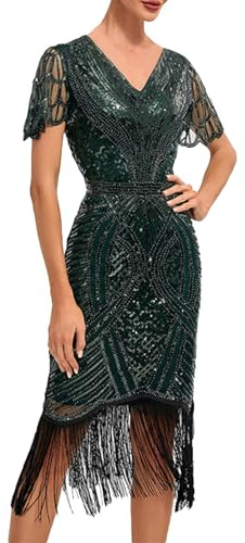 20er Jahre Kleid Damen Gatsby 1920er Kleider Fransenkleid Grün Gold Flapper Dress Kurz Charleston Kostüm Paillettenkleid Kurzarm Fransen Fasching Karneval