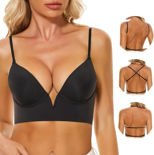 Reggiseno Schiena Scoperta Reggiseno Scollatura Profonda Reggiseno Schiena Nuda Donna Multifunzione Reggiseni Invisibile Senza Cuciture (IT, Taglia della coppa & Taglia della fascia, E, 4, Black)
