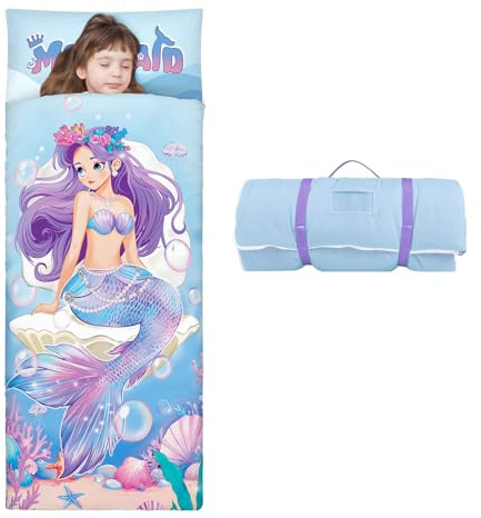 Sac de Couchage Chaud pour Enfants avec Oreiller Amovible, Tapis de Sieste Pliable pour Filles et Garçons, Couverture de Sieste avec Double Fermeture Eclair pour Camping Ecole Garderie,Sirène Violette