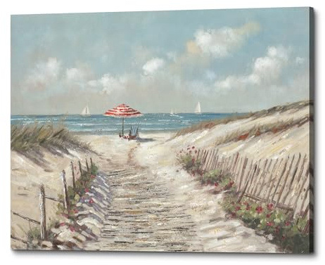 ArtSquare Beach Path Canvas Wall Art, Coastal Seascape Painting with Umbrella, 24 x 16 inches, Bathroom and Living Room Decor