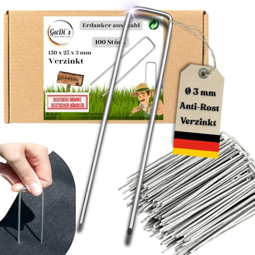 GuDi´s Erdanker (100 Stück) verzinkt aus Stahl für Unkrautvlies - 150 x 25x ⌀3 mm – stabile Bodenanker für Garten, Zaun, Gartenvlies, Camping, Anti-Rost, rostfrei, Erdnägel Zaunverankerung