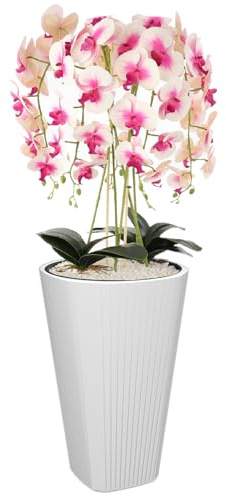 Pot de fleurs rond avec grand insert - Couleur : blanc - Diamètre : 39 cm - Hauteur : 61 cm - Surface rainurée - En plastique mat - Moderne - Glamour - Pour terrasse, jardin, balcon