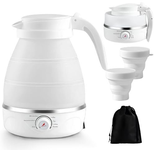Bouilloire de Voyage, Mini Bouilloire Electrique, 0.6L bouilloire pliable en silicone avec 2 gobelets pliables pour Camping Voyages Vacances Extérieur