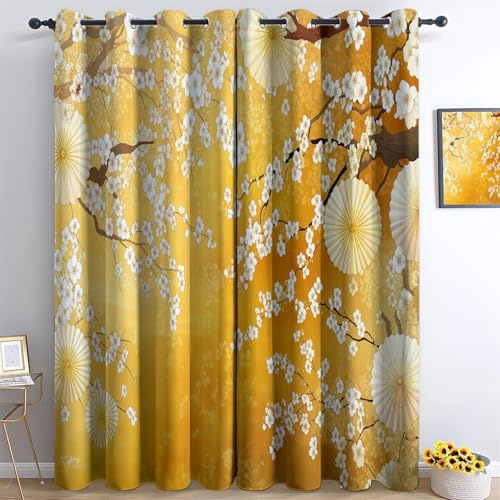 Srigzcaly Cortinas opacas, 214 x 91,5 cm (2 unidades), diseño de flores de ciruelo en flor, térmico, protección contra el frío, aislamiento acústico, cortinas con ojales, amarillas, para dormitorio