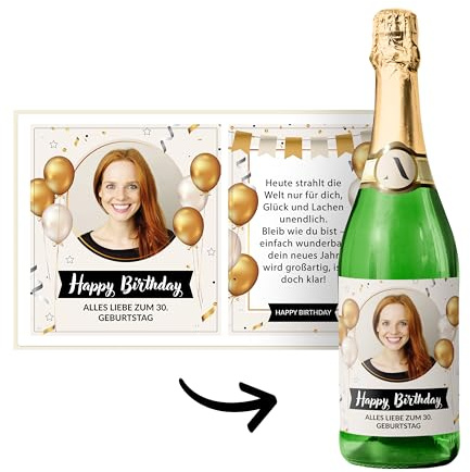 Flaschenetiketten Geburtstag selbst gestalten – Set mit 2 Stickern (Vorder- & Rückseite) – personalisierbar mit Foto & Text – für Wein/Sekt – wasserfest – DIY Geschenk – BALLON CREME