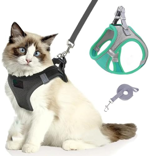 Katzengeschirr, Katzenleine Mit Geschirr füR Katzen, Atmungsaktive Bequemes Anti Ausbruch Geschirr für Katzen Mit Reflektierenden Streifen (grau-grün,XS)