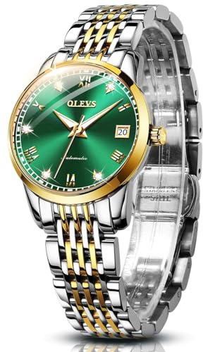 OLEVS Damen-Automatikuhr, Diamant-Edelstahl, selbstaufziehend, leuchtend, wasserdicht, L6602: Zweifarbiges Band und grünes Zifferblatt, Elegant
