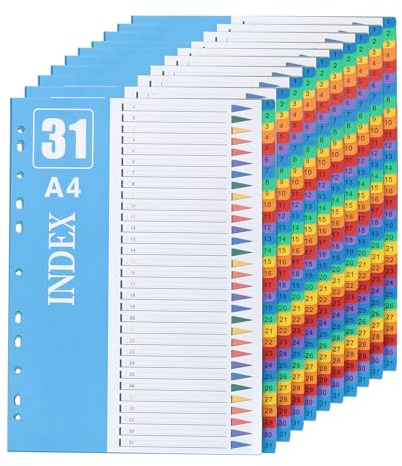 SINJEUN 10 stycken 31 delar A4-mappregister, 29,7 x 22,5 cm PP flerfärgade skiljeblad, mappar avdelare för mappar och ringpärmar