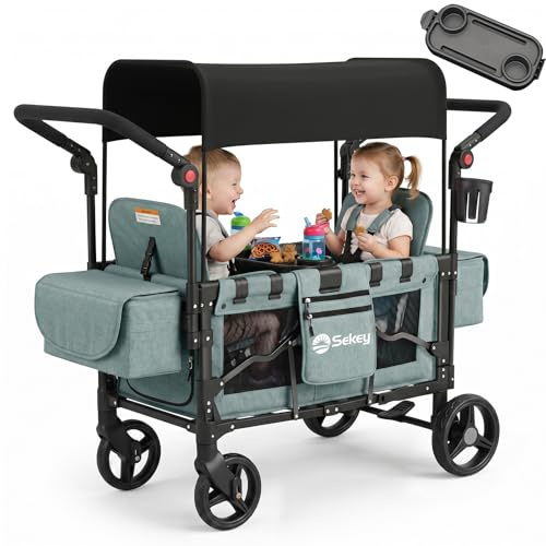 Sekey Carrito plegable con techo para 2 niños, doble asiento con 2 cinturones integrados de 5 puntos, color verde
