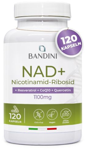 Bandini® NAD+ Liposomal 1100 mg | 120 Cápsulas Veganas | Con Cloruro de Ribósido de Nicotinamida, Quercetina, Resveratrol, Coenzima Q10 | Antienvejecimiento, Energía Celular, Sin OMG