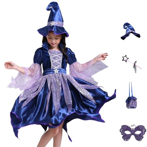 Costume Kids Halloween Costumes for Kids with Light Up Witch Hat Broom for Girls Aged 3 to 10 Years Old Fancy Dress Role Play Cosplay Party Set Pink Fairy Princess Dress Up Outfit with Broomstick