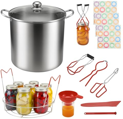 Povxlum 21.5QT Stainless Steel Canning Pot with Lid Water Bath Canning Pot with Rack and Lid Canning Supplies Kit and 7 Pieces Canning Tools Set, Water Bath Canner for Beginner