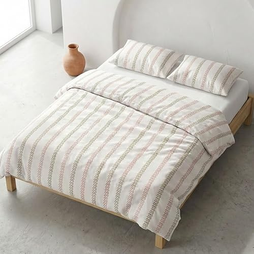 Juego Funda nórdica Cama 135/140 100% algodón - 2 Fundas Almohada 45x75 cm, Rayas Original Color Beige