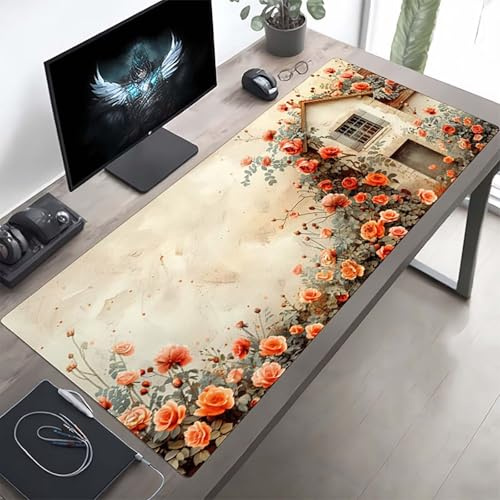 Gaming Mauspad 160 x 80cm Gaming Mousepad XXL Blume Rosa Mauspad Schreibtischauflage, Genähte Kanten Mausmat, rutschfeste Gummibasis, Schreibtisch Schutz für Home Büro, Geschenke PjY8130 L-M