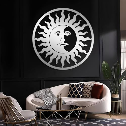 Moderne minimalistische Wanddekoration aus Metall, Sonne und Mond, Boho-Stil, große Himmels-Hängedekoration für drinnen und draußen (Silber 19x19|47x47cm)