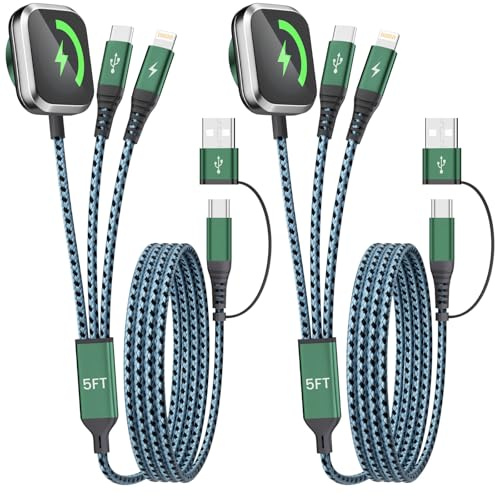 Travel Essentials for iPhone iWatch Charger 3 in 2 USB Cable, 2Pack 5FT